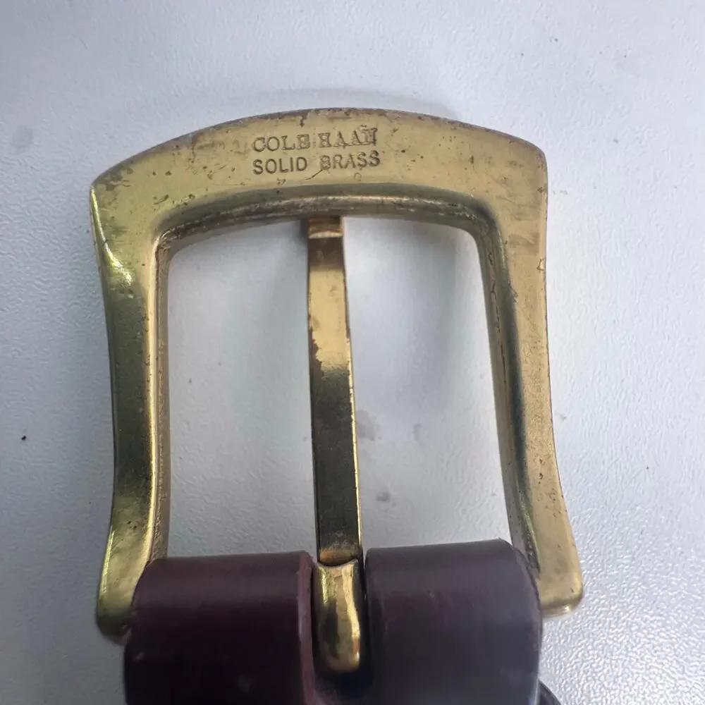 Vtg Cole Haan Belt Genuine Leather Mens Size 34 Brass USA Brown